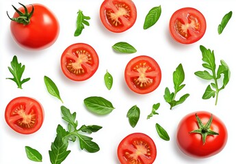 Freshly sliced tomatoes with vibrant leaves scattered artistically on a white background