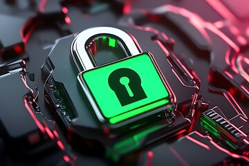 Poster - Minimalist ethical hacking icon, with a simple glowing green lock symbol representing cybersecurity and system protection