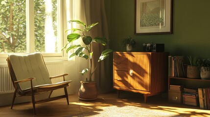 Poster - A cozy interior with a chair, plant, and wooden furniture, creating a serene atmosphere.