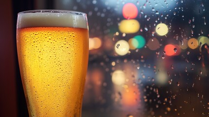 Wall Mural - A close-up of a beer glass against a rainy window, evoking a cozy atmosphere.