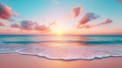 Wall Mural - A colorful sunset painting the clouds over a tranquil beach with calm waves lapping the shore.