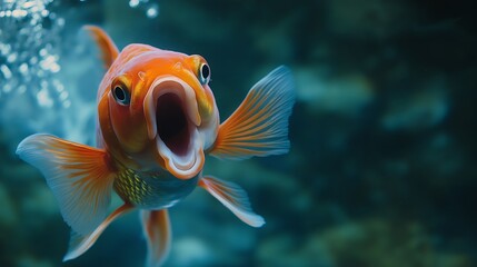 Closeup of a goldfish with its mouth open swimming in an aquarium.