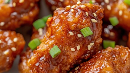 Poster - Close-up of glazed chicken wings garnished with sesame seeds and green onions.