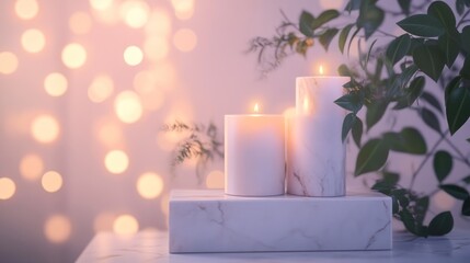 Wall Mural - Softly lit candles on a marble base, surrounded by greenery and warm bokeh lights.