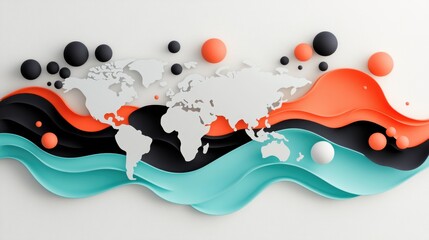 Sticker - Abstract Map with Organic Shapes and Lines, An artistic world map created using flowing lines and organic shapes, showcasing a fluid and abstract representation.