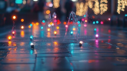 Poster - A vibrant scene with colorful lights and water fountains on a wet pavement at night.