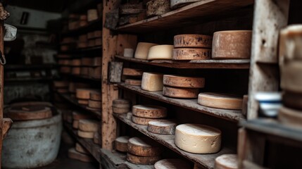 Poster - A rustic cheese storage area with various cheese wheels on wooden shelves.