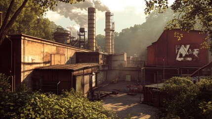 Canvas Print - Industrial scene featuring warehouses and smokestacks amidst greenery.