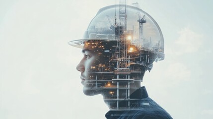 Poster - Future building construction engineering project concept with double exposure graphic design. Building engineer, architect people or construction worker working with modern civil equipment