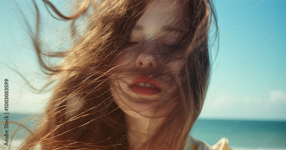 Beautiful girl with long flowing hair stands on the beach and catches ...
