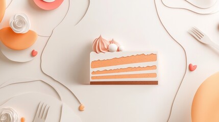 Wall Mural - A decorative slice of cake surrounded by colorful plates and utensils, emphasizing dessert aesthetics.