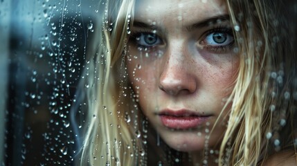 Close-up of a woman looking through a rain-covered window