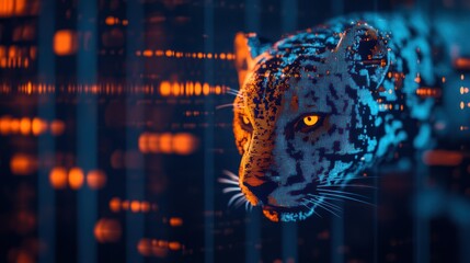 Sticker - A digital representation of a jaguar with glowing features against a tech-inspired backdrop.