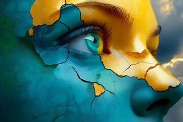 Poster - Close-up of a woman's eye with cracked blue and yellow paint, symbolizing fragility and vulnerability.