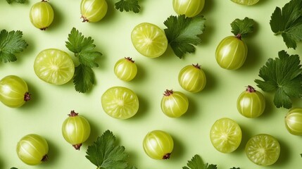 Wall Mural - A vibrant arrangement of green gooseberries and fresh cilantro on a light background.