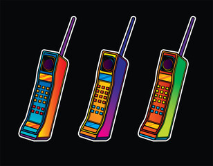 Retro mobile phone with a long antenna. Original vector illustration in vintage style.