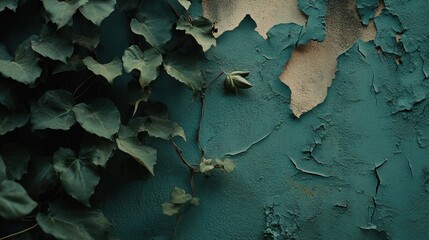 Canvas Print - A close-up of ivy leaves against a textured, peeling teal wall.