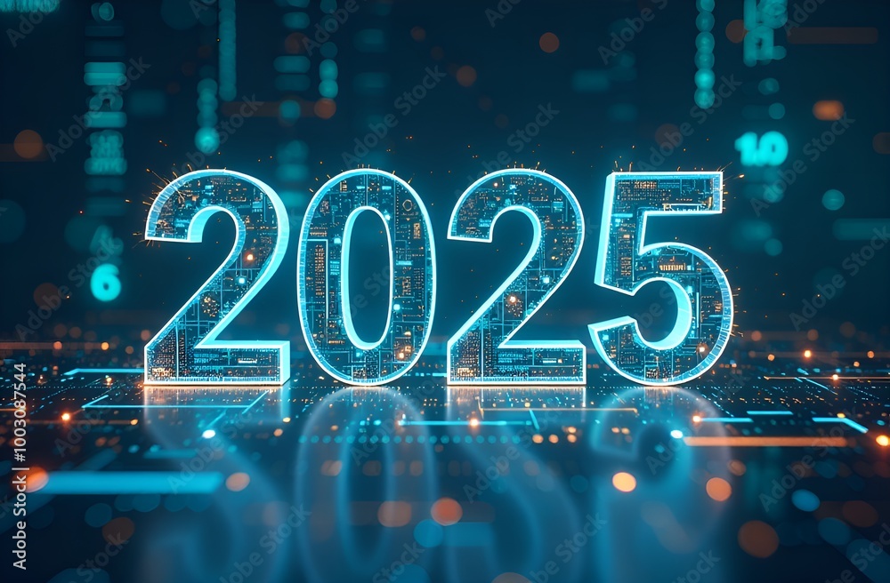 sparkling digitally patterned 2025 numbers are depicted on a reflective ...