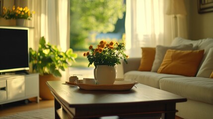 Wall Mural - A cozy living room with a flower vase, bright light, and inviting atmosphere.