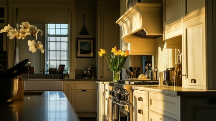 Wall Mural - A sunlit kitchen with flowers, showcasing a warm and inviting atmosphere.