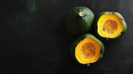 Wall Mural - A top view of cut green pumpkins showcasing their bright orange flesh.