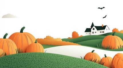 Wall Mural - A serene autumn landscape featuring pumpkins, rolling hills, and a quaint house.