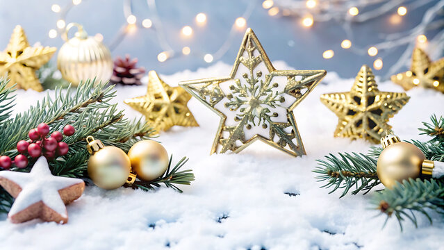 A festive Christmas scene with snowflakes, stars, and holiday decorations.