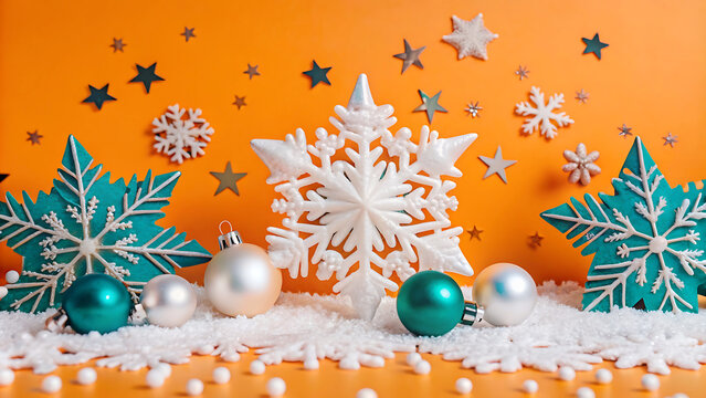 A festive Christmas scene with snowflakes, stars, and holiday decorations.