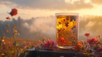 Sticker - A glass of herbal tea with flowers, set against a serene sunset landscape.