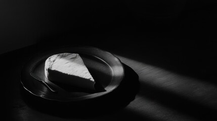 Sticker - A minimalist black-and-white image of a slice of cheese on a dark plate, emphasizing simplicity.