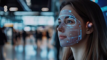 Poster - Woman at airport uses future facial recognition technology, depicted by digital face map overlay, symbolizing futuristic travel security