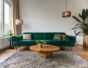 A chic, mid-century modern living room with a velvet emerald green sofa, a walnut coffee tab