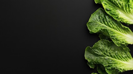 Wall Mural - Fresh romaine lettuce leaves arranged on a dark background for culinary use.