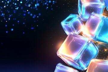 Poster - Geometric green blue orange shape on dark background with magic flow.