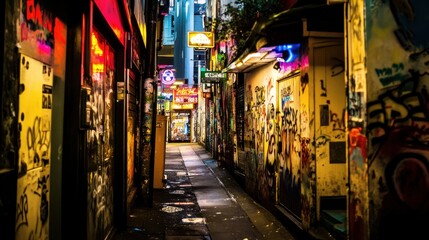 Wall Mural - A vibrant urban alleyway filled with colorful graffiti and neon lights.