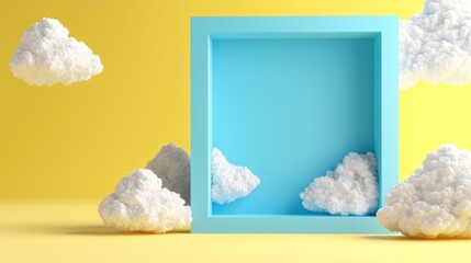 Poster - decorative geometric wallpaper in 3d. blue sky inside upside down blue arch. flying white clouds.