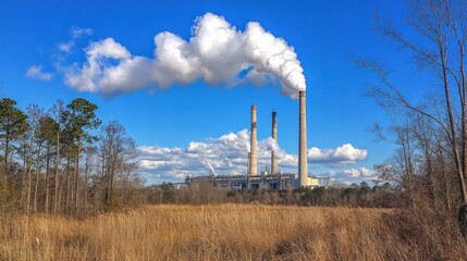 Poster - Industrial smokestacks emitting clouds against a blue sky, surrounded by grass and trees.