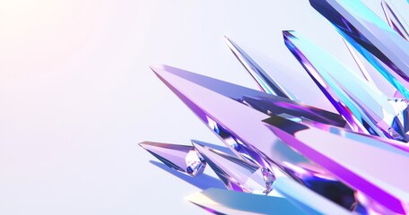 Poster - Abstract 3D render of holographic cones on neon foil background. Iridescent neon foil holograms with glossy gradient texture. Glitter composition of flying pink blue purple geometric figures.