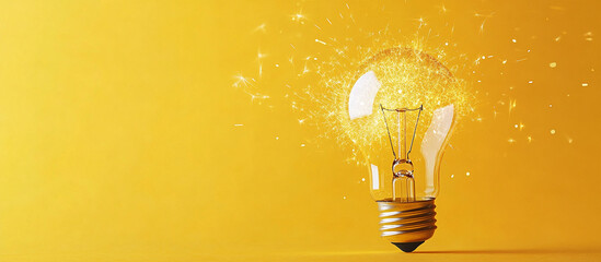 a light bulb emitting sparkling light on a yellow background, representing creativity, innovation, b