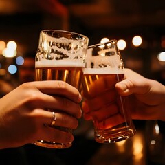 Beer drinking. Toast with glasses of beer. 