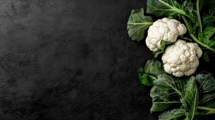 Wall Mural - Fresh cauliflower and leafy greens on a dark surface, ideal for culinary use.