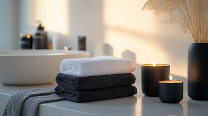 Poster - A serene bathroom scene with stacked towels, candles, and decorative plants.