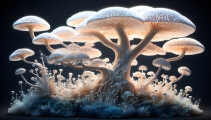 Poster - whimsical mycelium tree in a dreamlike landscape