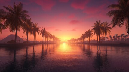 Wall Mural - Silhouette of palm trees against a vibrant sunset sky over a tropical beach