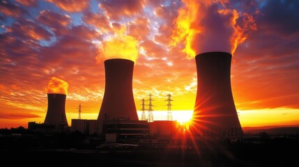 Poster - Silhouetted cooling towers release steam against a vibrant sunset sky.