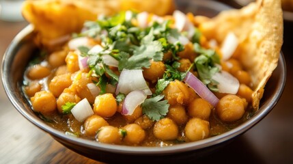 Sticker - A bowl of chickpea curry garnished with onions and cilantro, served with crispy bread.