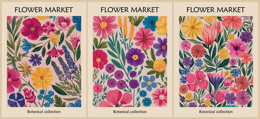 Set of abstract Flower Market posters. Trendy botanical wall arts with floral design in vivid bright colors. Modern naive groovy funky interior decorations, paintings. Vector art illustration