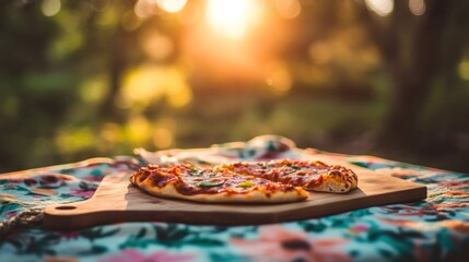 Wall Mural - A freshly baked pizza on a wooden board, set against a sunlit outdoor backdrop.