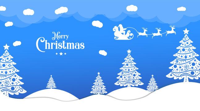 Merry Christmas Typographical on Xmas background with winter landscape with cristmas tree ,star ,santa .Merry Christmas card vector.