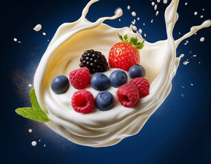 A commercial shot of a creamy yogurt swirl with a splash of fresh berries and honey. The mot